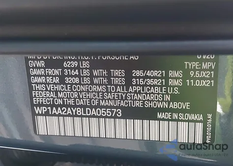 2020 Porsche Cayenne из США, поврежденный, VIN WP1AA2AY8LDA05573